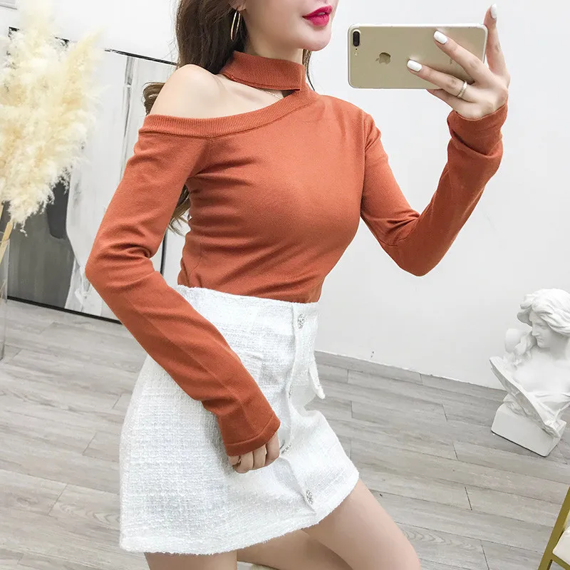 Женский Осенний тонкий вязаный свитер-водолазка LUOSHA на одно плечо и пуловер