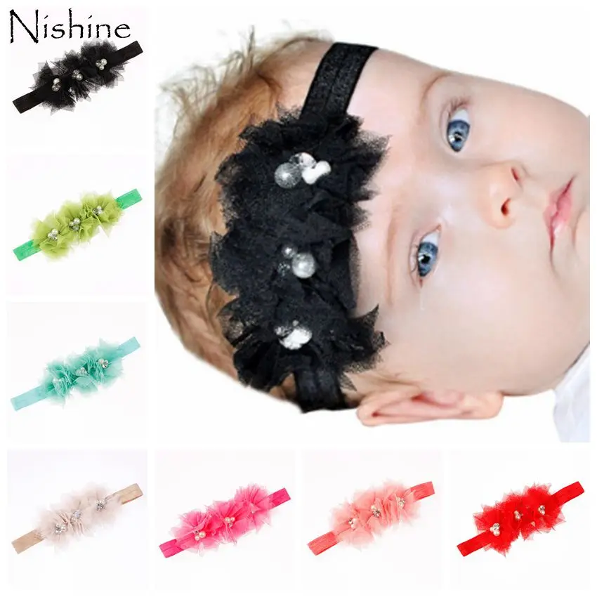 

NISHINE Baby Hair Accessories Lace Flowers Shiny Rhinestones Pearl Elastic Headbands for Children Headwear Christmas Gifts