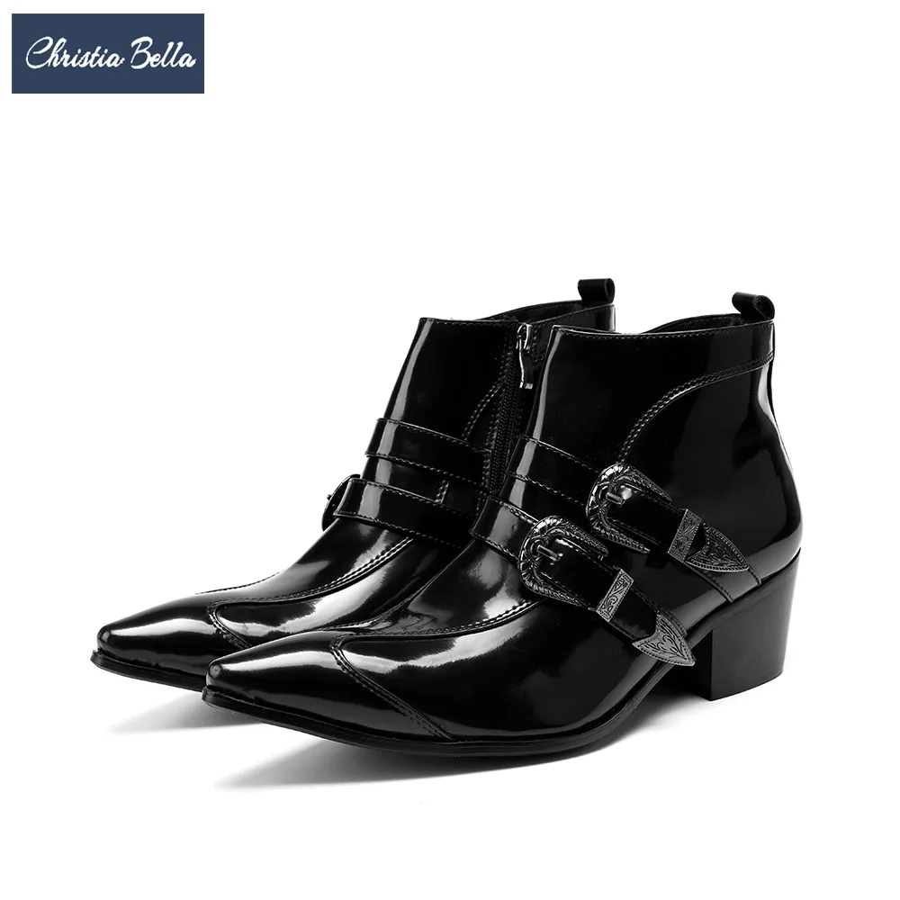 

Christia Bella Genuine Leather Men Boots Black Pointed Toe Mid Heel Buckle Ankle Boots Party Dress Shoes Motorcycle Short Boots