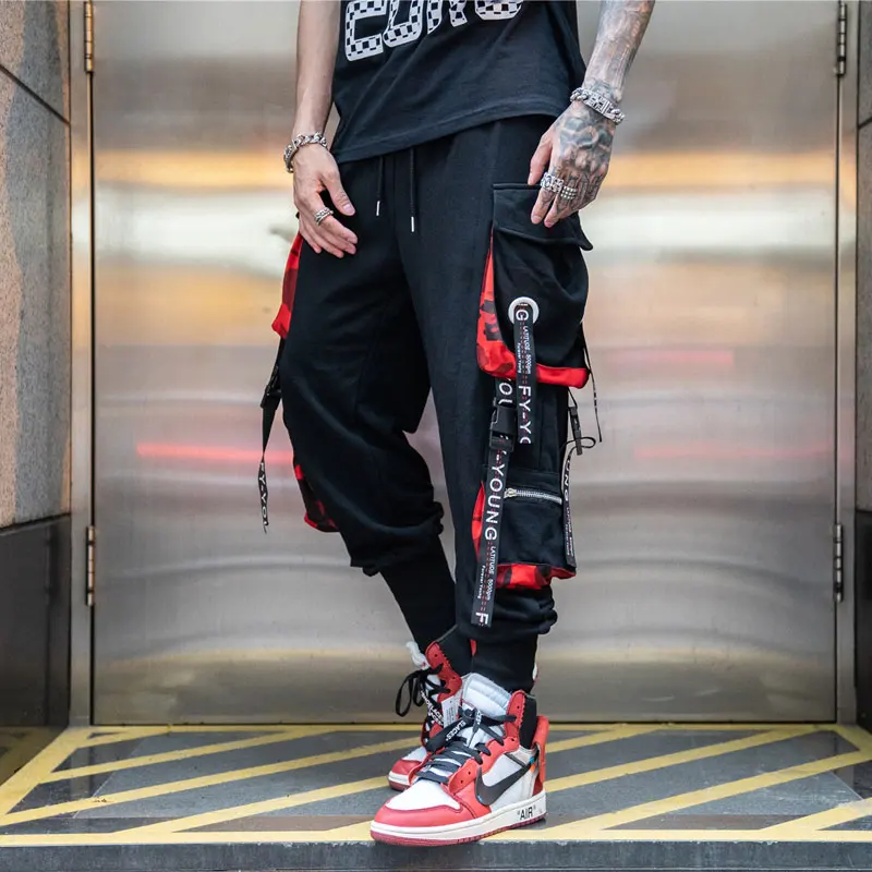 Мужские брюки-карго в стиле хип-хоп красные камуфляжные черные лоскутные брюки с