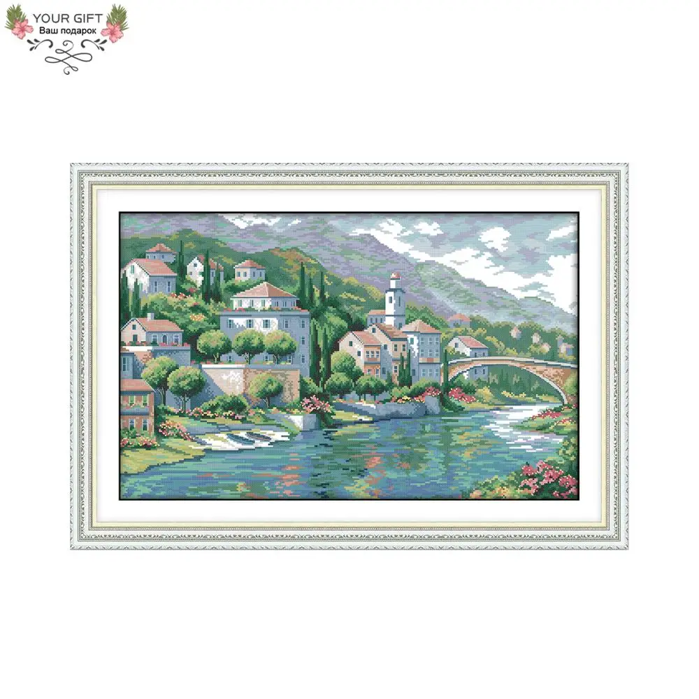 

Joy Sunday F851 14CT 11CT Counted and Stamped Home Decor River Town Needlepoints Embroidery Cross Stitch Kits