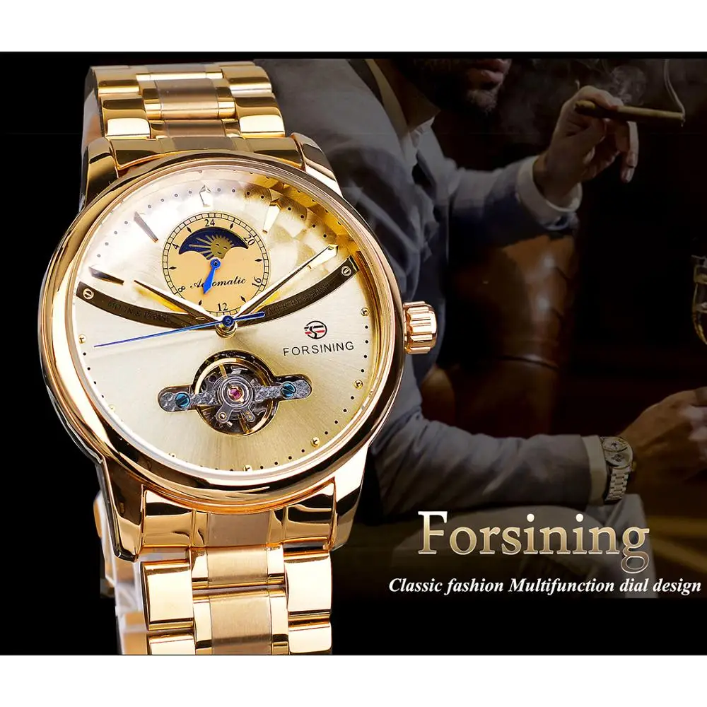 Forsining Tourbillon Automatic Men Watch Classic Golden Male Clock Moon Phase Mechanical Stainless Steel Band Wristwatch Relogio | Наручные