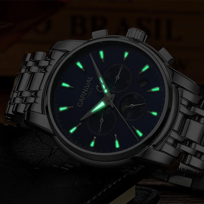 Часы Carnival Moon Phase Мужские механические автоматические светящиеся