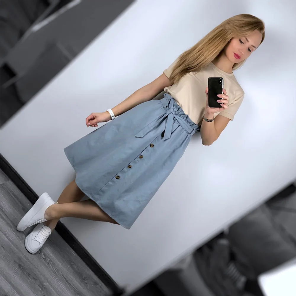 FATIKA миди юбки с высокой талией, одноцветные, с карманами, трапециевидные, повседневные, женские, модные, женские юбки с поясом, хит, новинка для женщин