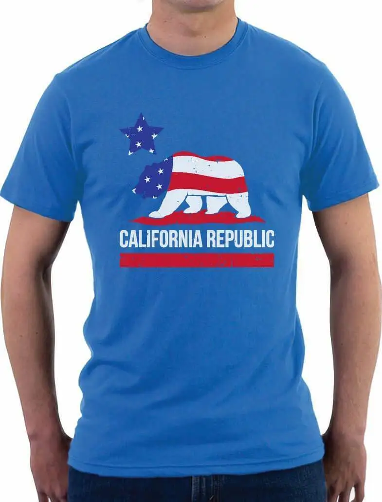 Медведь California Республика американский флаг футболка 4 июля|Мужские футболки| |