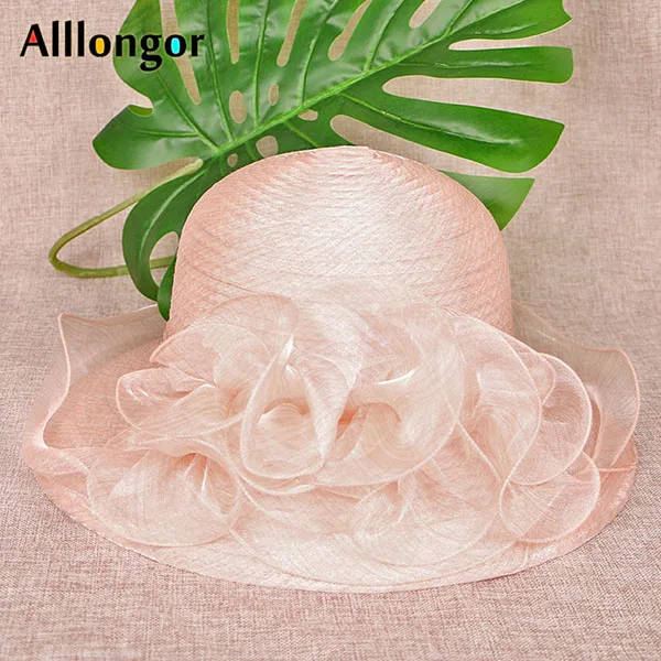 Chapeau Femme Mariage бейсболка с меховым помпоном Женская церковная Вуалетка Цветочная Одежда Бант ведро Свадебная шляпа Боулер Дерби широкий пляжный навес шляпы от солнца - Цвет: Розовый