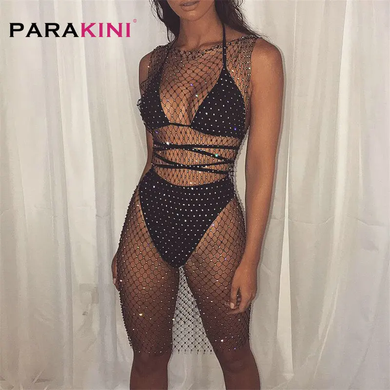 PARAKINI Bling Стразы черная сетка бикини с кружевом блузка платье без рукавов в сеточку Bodycon женские летние платья для вечеринок