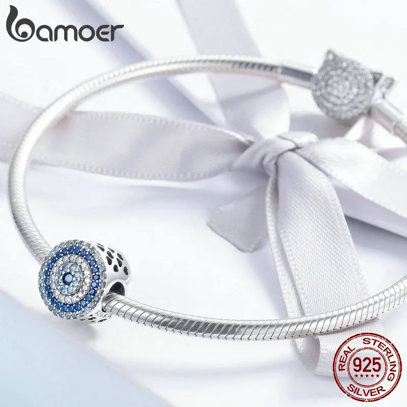 BAMOER новые модные 925 пробы серебряные голубой глаз Lucky синий кубического циркония Бусы Подвески fit Цепочки и ожерелья Браслеты, сделай сам, ювелирное изделие SCC915