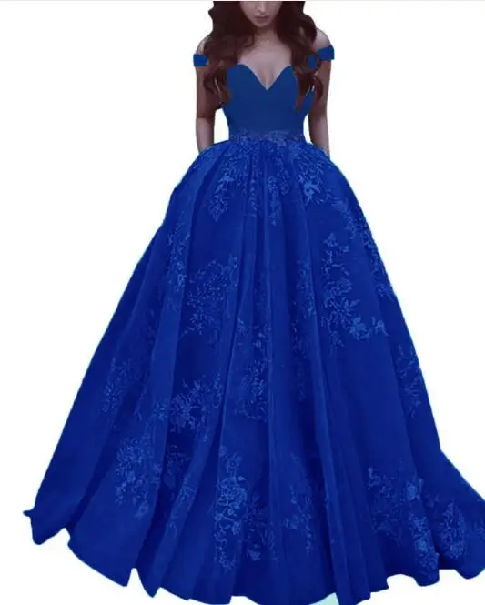 royal blue Элегантное бальное платье с открытыми плечами, атласное платье для выпускного вечера, кружевное платье в пол с аппликацией, вечерние платья, Vestido Festa - Цвет: royal blue
