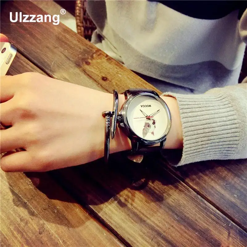 Модные милые кожаные противоударные черные кварцевые наручные часы MOCCA Dog для