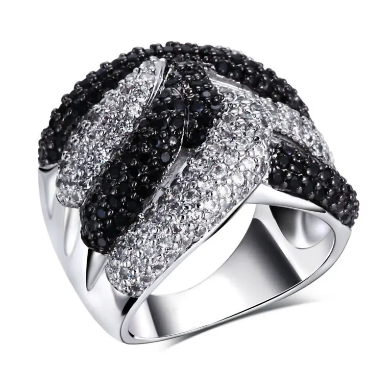 Новый большой Белое и черное кольцо Rhodium Gold цвет кубического циркония Кольца