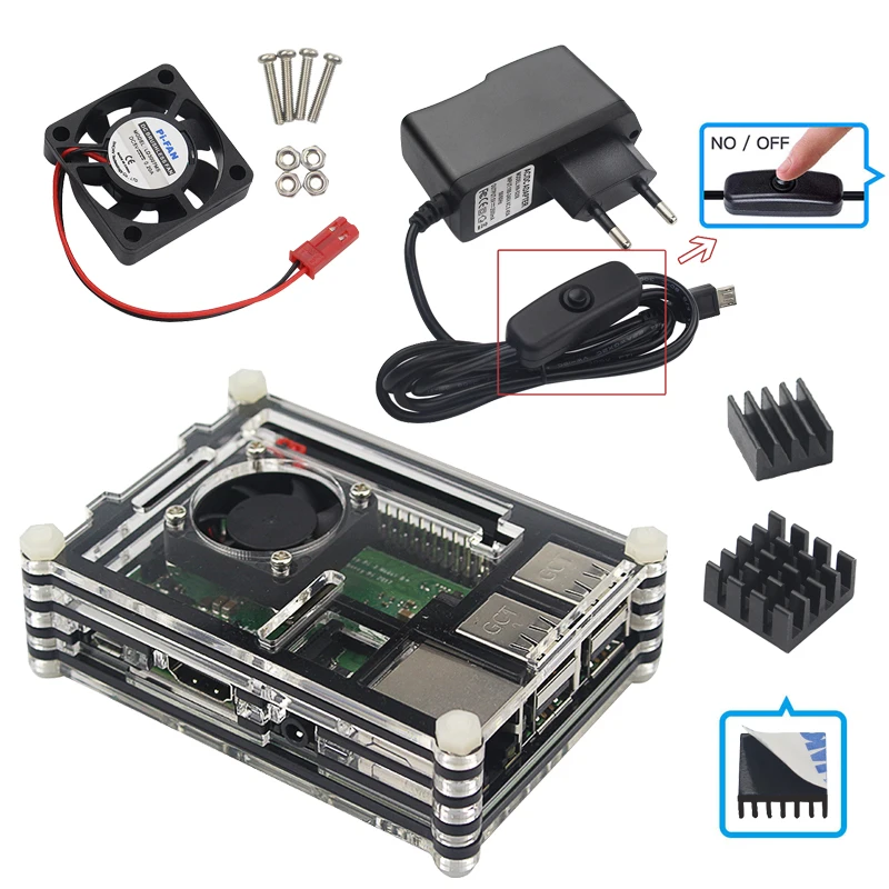 Raspberry Pi 3 model B плюс акриловый чехол 9 слоев коробка+ вентилятор+ адаптер питания+ алюминиевый радиатор кулер Pi 3B Pi3 B+ Корпус