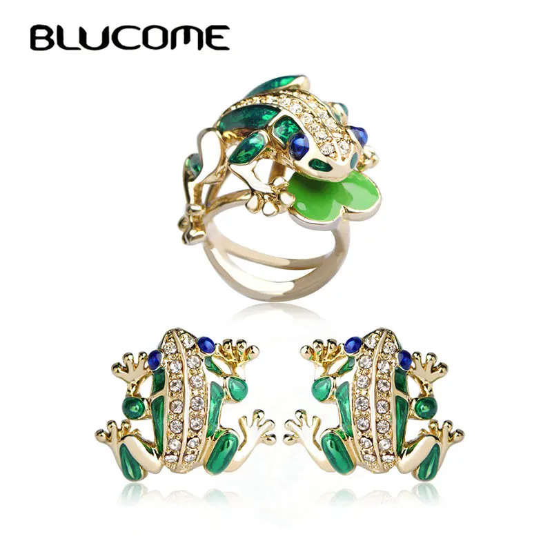 Blucome, Модные Ювелирные наборы с зеленой лягушкой, Max Brincos Pendientes Anel Aneis, эмаль, Joias Ouro, серьги-гвоздики в форме сердца, набор колец, Bijoux