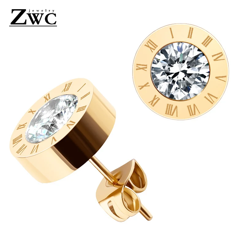 Gold ZWC модные римские цифровые титановые стальные серьги-гвоздики для женщин из нержавеющей стали гипоаллергенные круглые серьги трендовые ювелирные изделия - Окраска металла: Gold