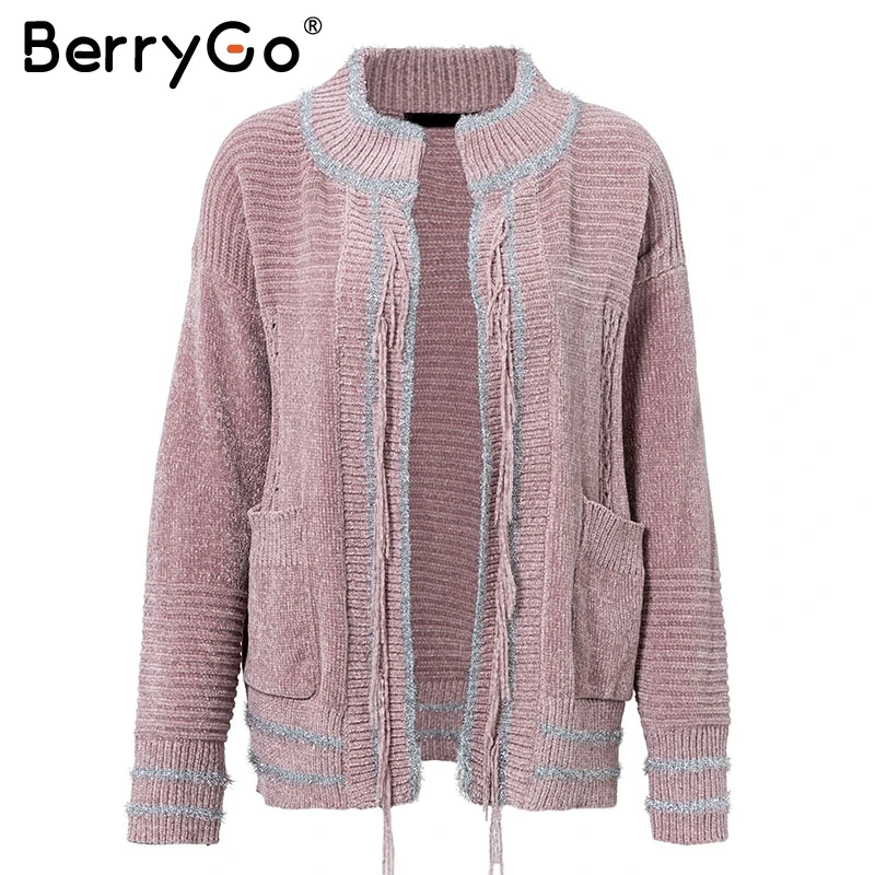 BerryGo синель вязаный женский свитер кардиган элегантный кисточкой Карманы