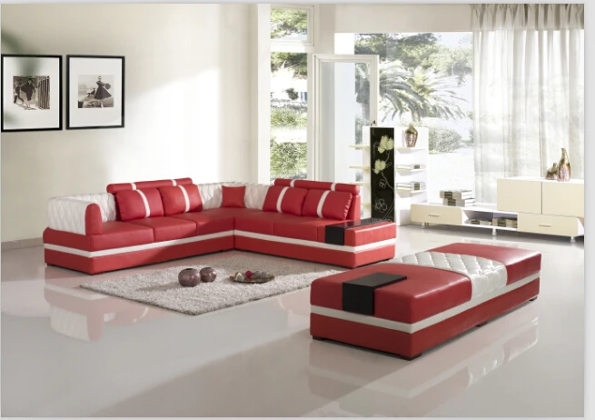 Современный угловой кожаный диван для гостиной с большим оттоманком|sectional sofa|sofas