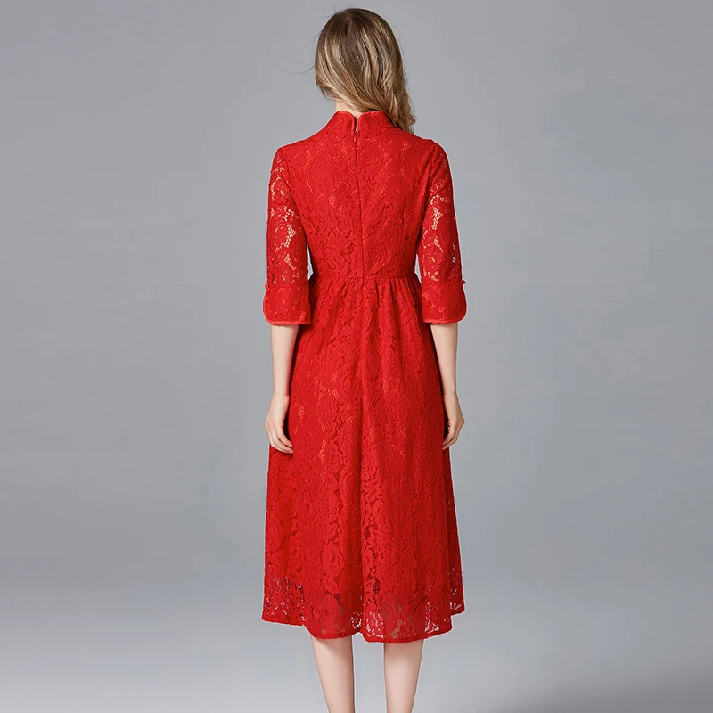 TAOYIZHUAI 2019 New Arrival Winter Women Red Dress Plus Size L Hollow Out Fit And Flare Thicken Lace Long 14152(R) | Женская одежда