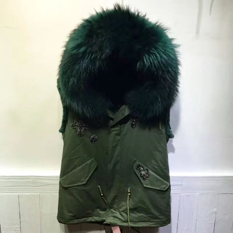 

Winter Big Collar Vest Emerald Green fur inside Hooded Short version Snake Beading Coat