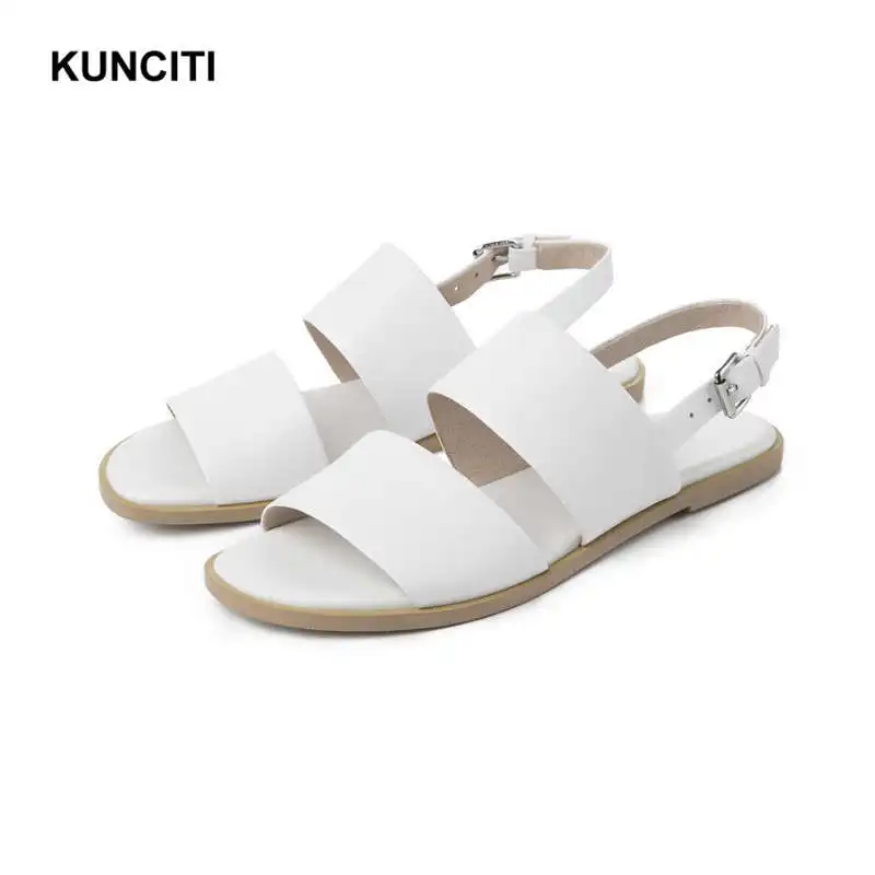 White KUNCITI/женские сандалии-гладиаторы, богемный стиль из натуральной кожи, женские туфли на плоской подошве в стиле панк, большие размеры 34-43, модные сандалии, X9104 - Цвет: White