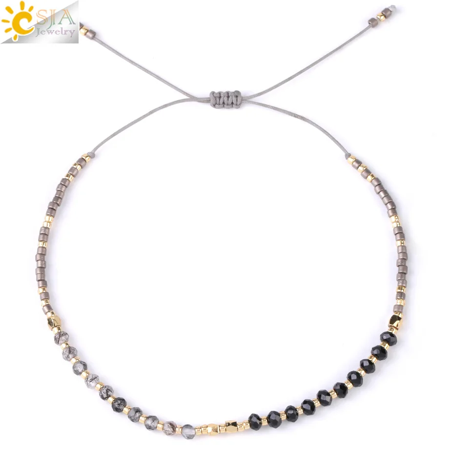 Black Hair Crystal CSJA, нежные браслеты Miyuki, Boho, шикарный, натуральный камень, плетеный браслет для женщин, мини, из бисера, богемные ювелирные изделия ручной работы, S431 - Окраска металла: Black Hair Crystal