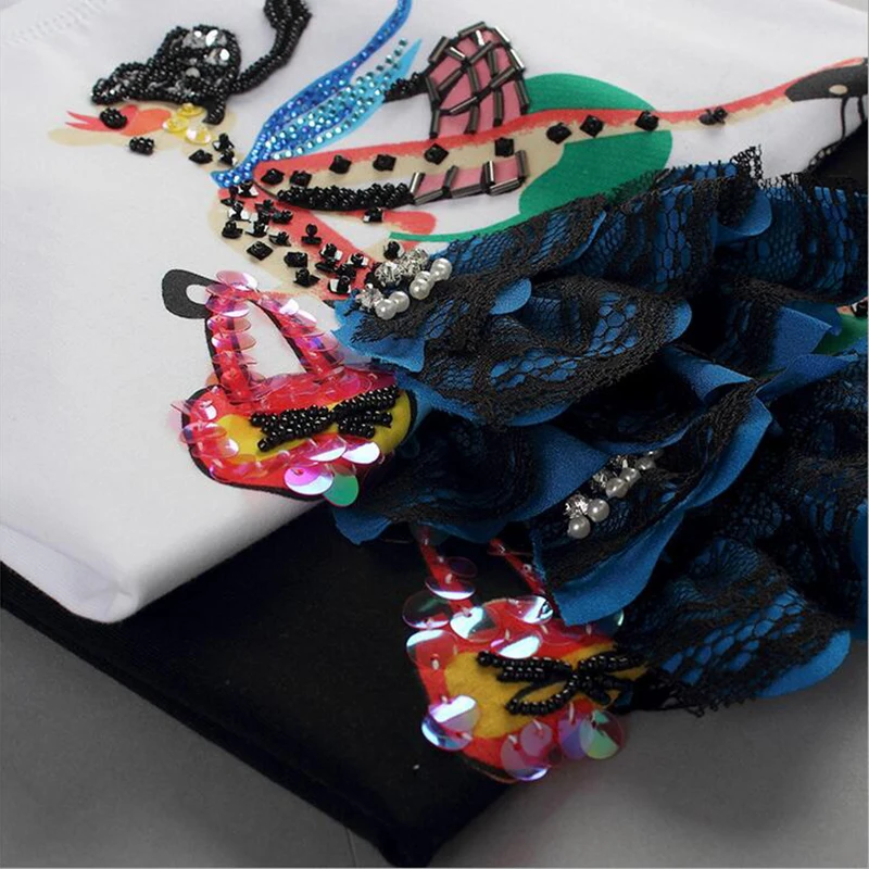 Лидер продаж женская футболка Лето 2017 Новые Топы мультяшная девушка кружевная