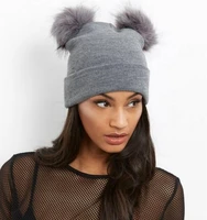 2022 beanie two faux fur pompom winter hat double fake fur pom pom ball knit beanie female cap ski bonnet