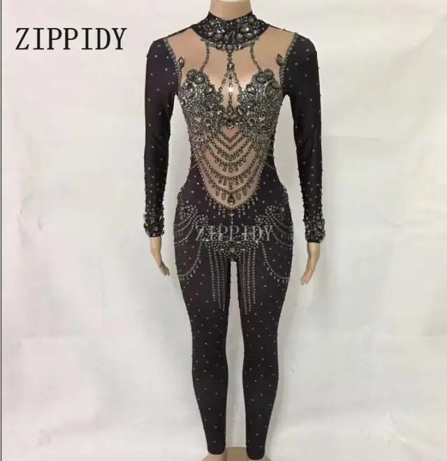 Female Singer Show Stage Rompers Gray Sparkly Crystals Jumpsuit Women's Performance Dance Party Prom Bodysuit Nightclub