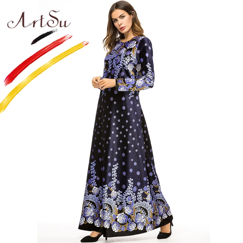 Женское бархатное платье-макси с длинным рукавом и цветочным принтом | Женская