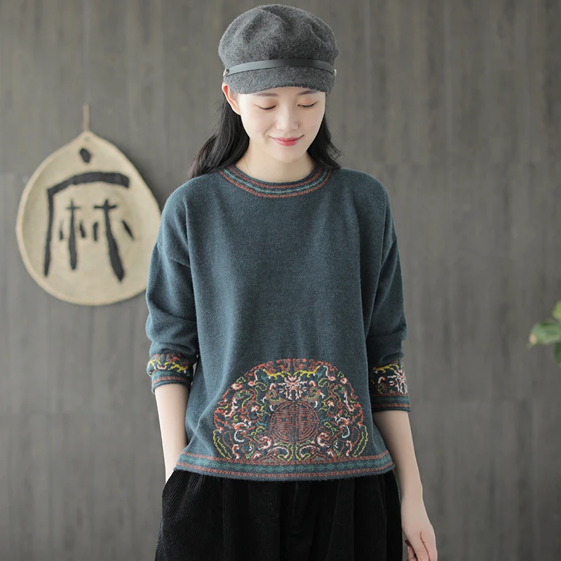Spring Autumn Retro Women Loose Knitting Tops New O-Neck Long-sleeved Print Blended Casual Ladies Sweater 2019 | Женская одежда