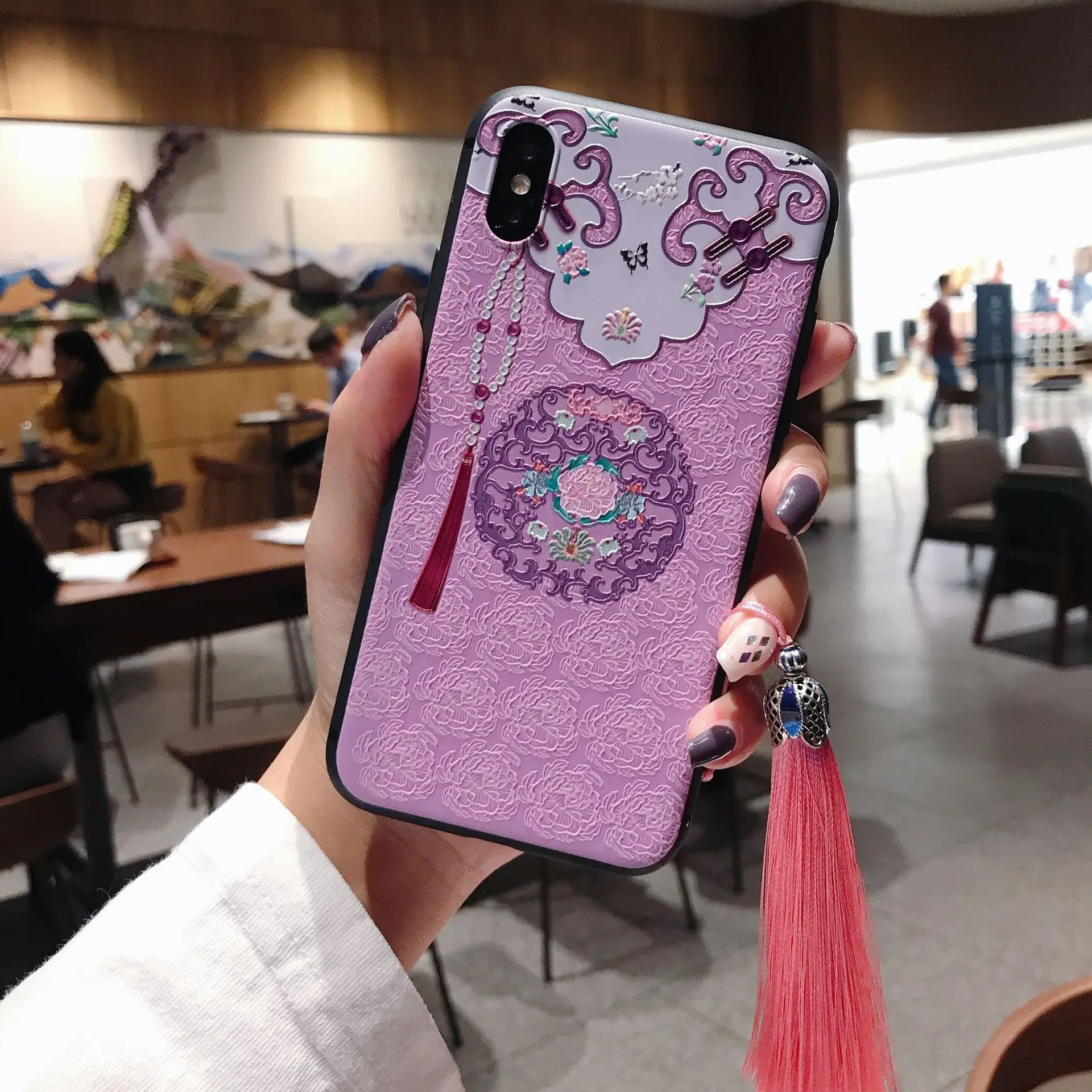 Китайский стиль тисненый чехол для телефона с кисточкой для iPhone 11 Pro Max XS MAX XR мягкая задняя крышка для iPhone X 8 7 6S 6 Plus Coque