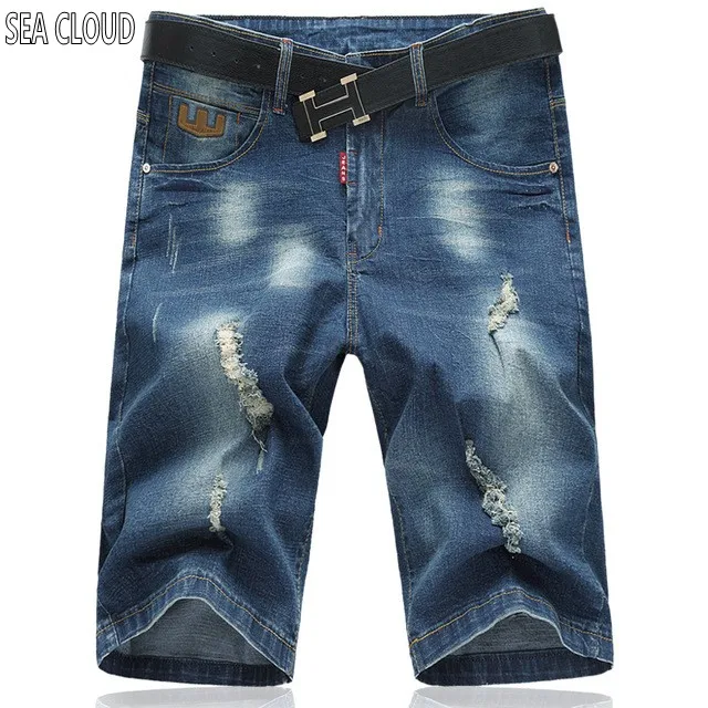 

82 male denim capris personality hole jeans plus size casual shorts summer loose straight short trousers size 48