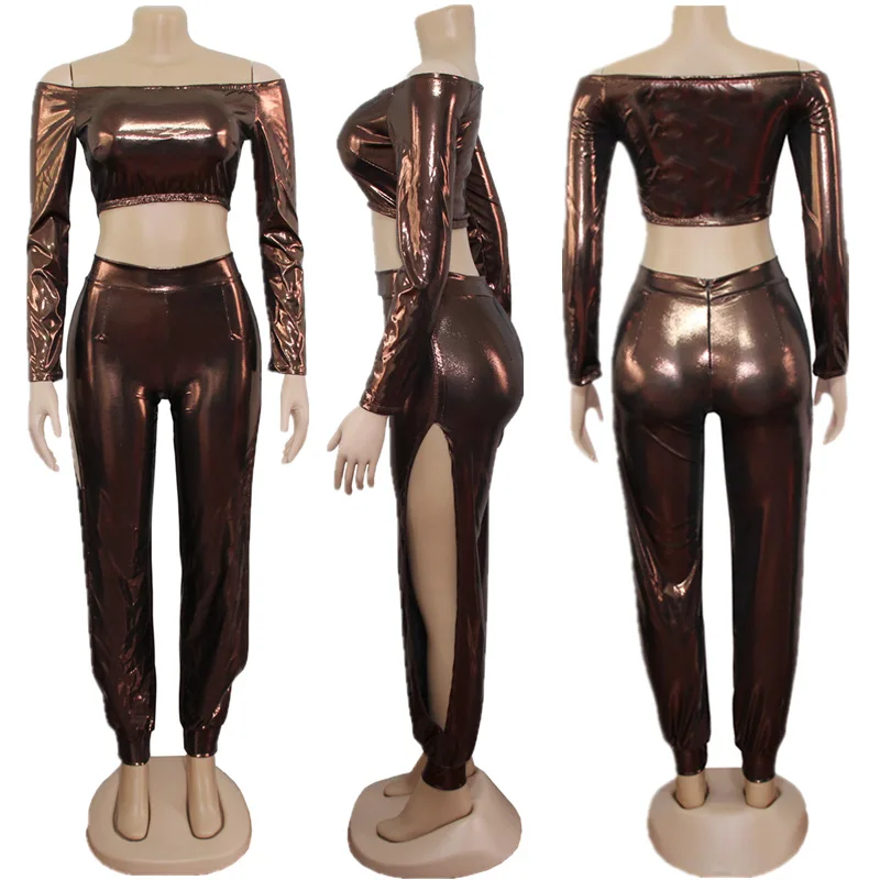

2019 Chic Shiny Laser Two Piece Set Long Sleeve Slash Neck Crop Tops High Split Long Pants Summer Vacation Sexy Women Outfits