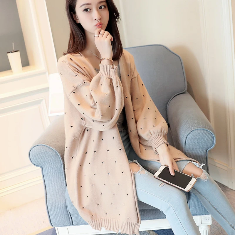 Женский кардиган средней длины весна-осень 2018 женский с длинным рукавом вязаный