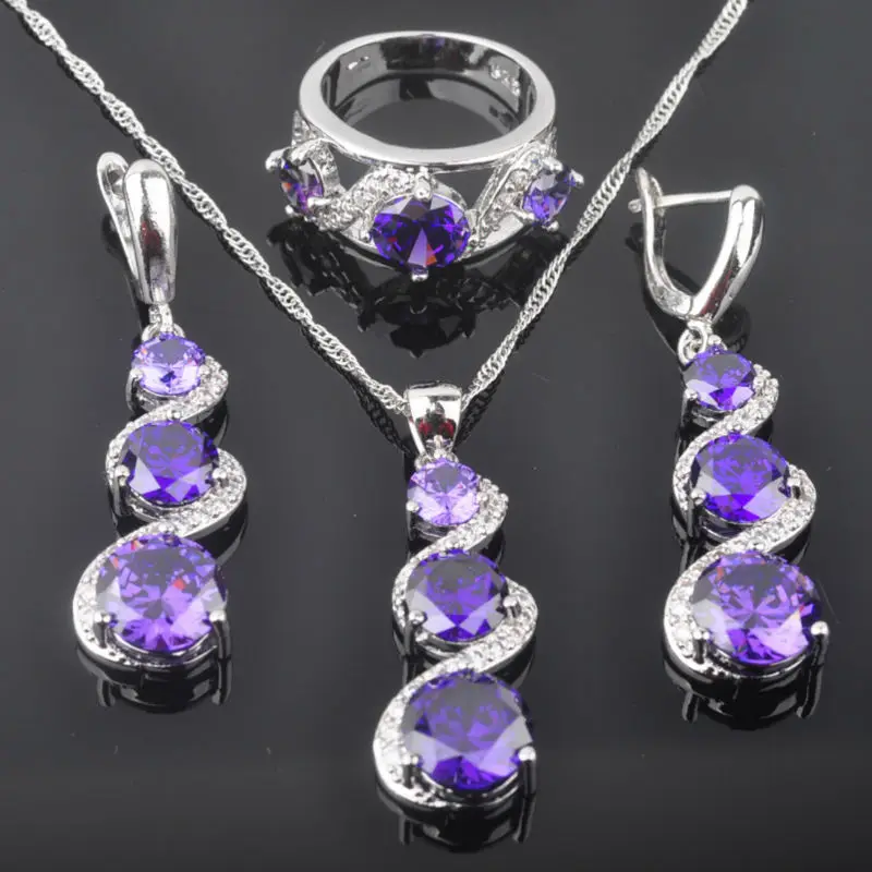 925 серебряные Свадебные Ювелирные наборы фиолетовый кристалл белый CZ украшения