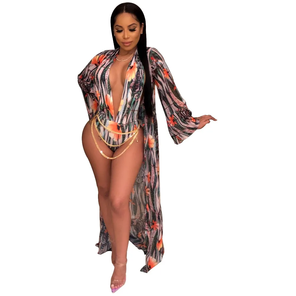 Floral Digital Print Women Bodysuits Summer Beach Trench With Rompers Bodysuits Set
