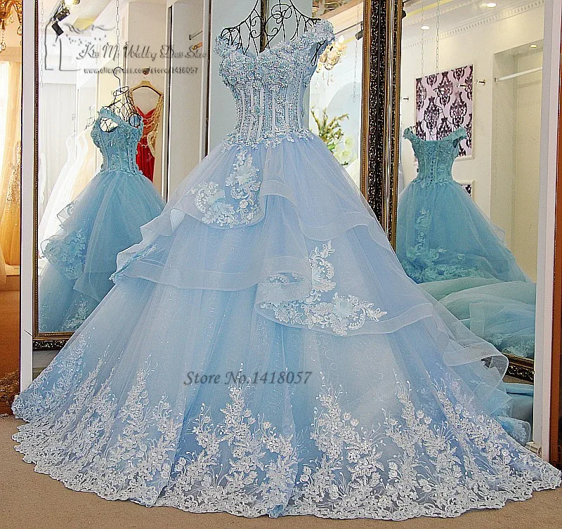 Vestido de Noiva Princesa Luxo винтажное светло-синее свадебное платье кружевное свадебное платье бальное платье с цветком плюс размер платье невесты