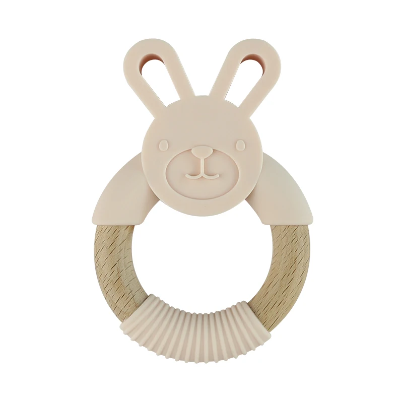 Beige Силиконовые кольца для прорезывания зубов с кроликом из натурального дерева, пищевого класса, силиконовые сосушки для детей, грызунок для младенцев, игрушки - Цвет: Beige