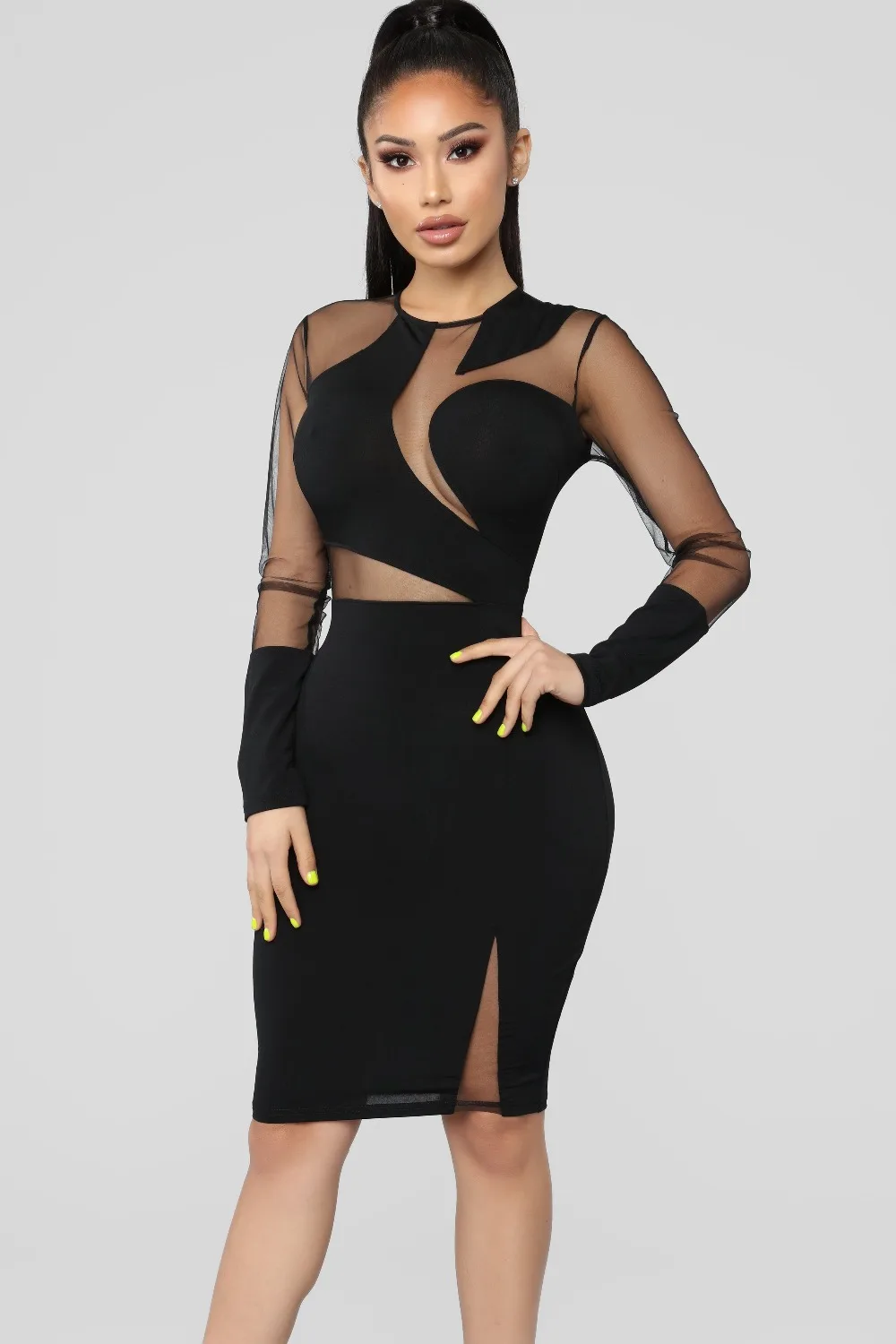 Высокое качество черный длинный сетчатый рукав выдалбливают Bodycon вискоза
