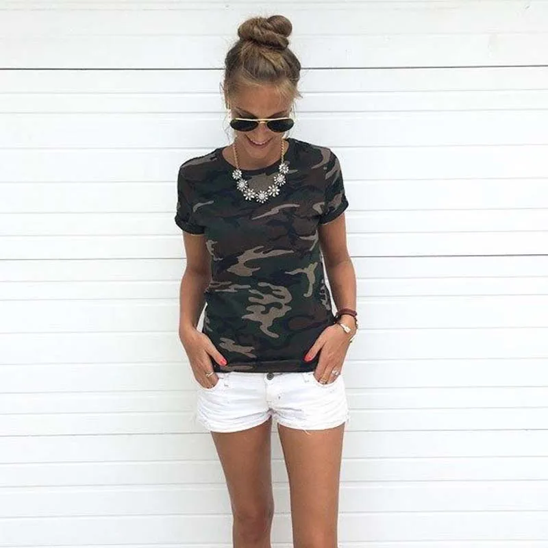 

Wavaiov 2018 Женская летняя футболка Свободная футболка с круглым вырезом, повседневные женские камуфляжные топы, хлопковые свободные короткие ...