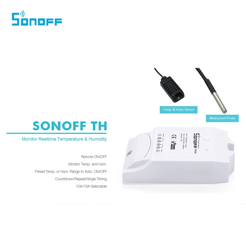 Sonoff TH16A Температура и мониторинга влажности Wi Fi Smart Switch в реальном времени Дисплей