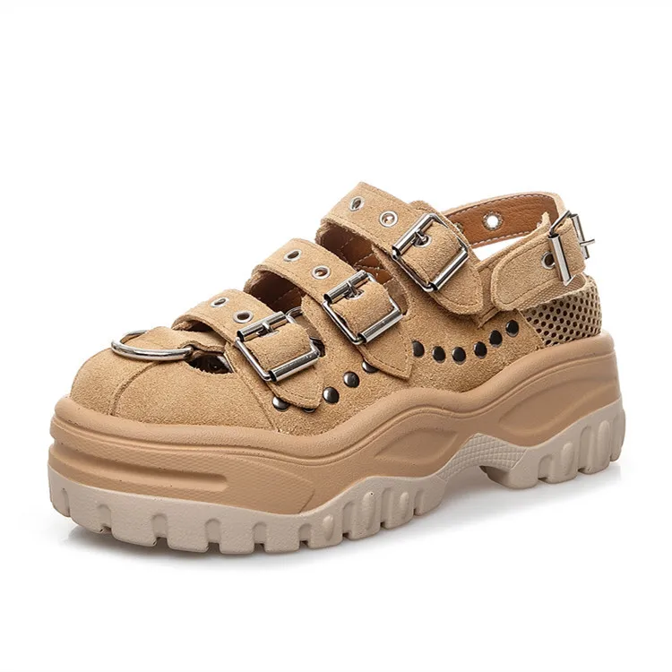 Earth yellow Летний заклепки пряжки теплые кожаные сандалии Увеличение Женская обувь на платформе сандалии в римском стиле Женские босоножки - Цвет: Earth yellow