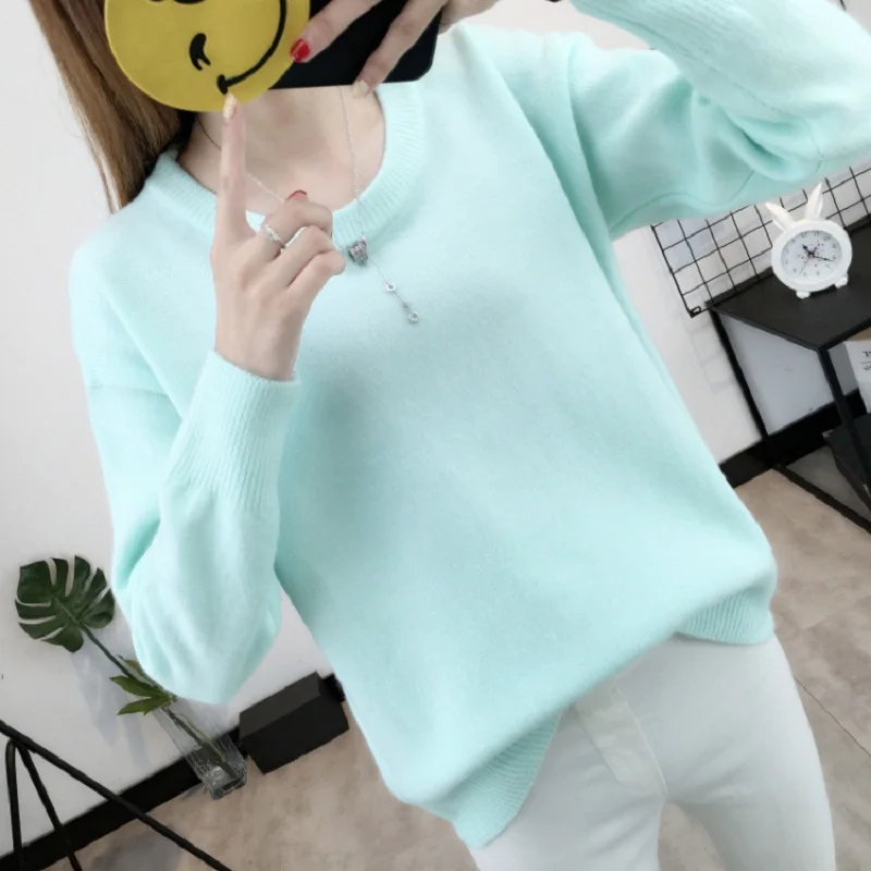 Autumn Winter Fashion Women's Sweater and Pullover Knit Long Sleeve Round Neck Elastic Women Thick Warm Loose Tops Solid Color | Женская