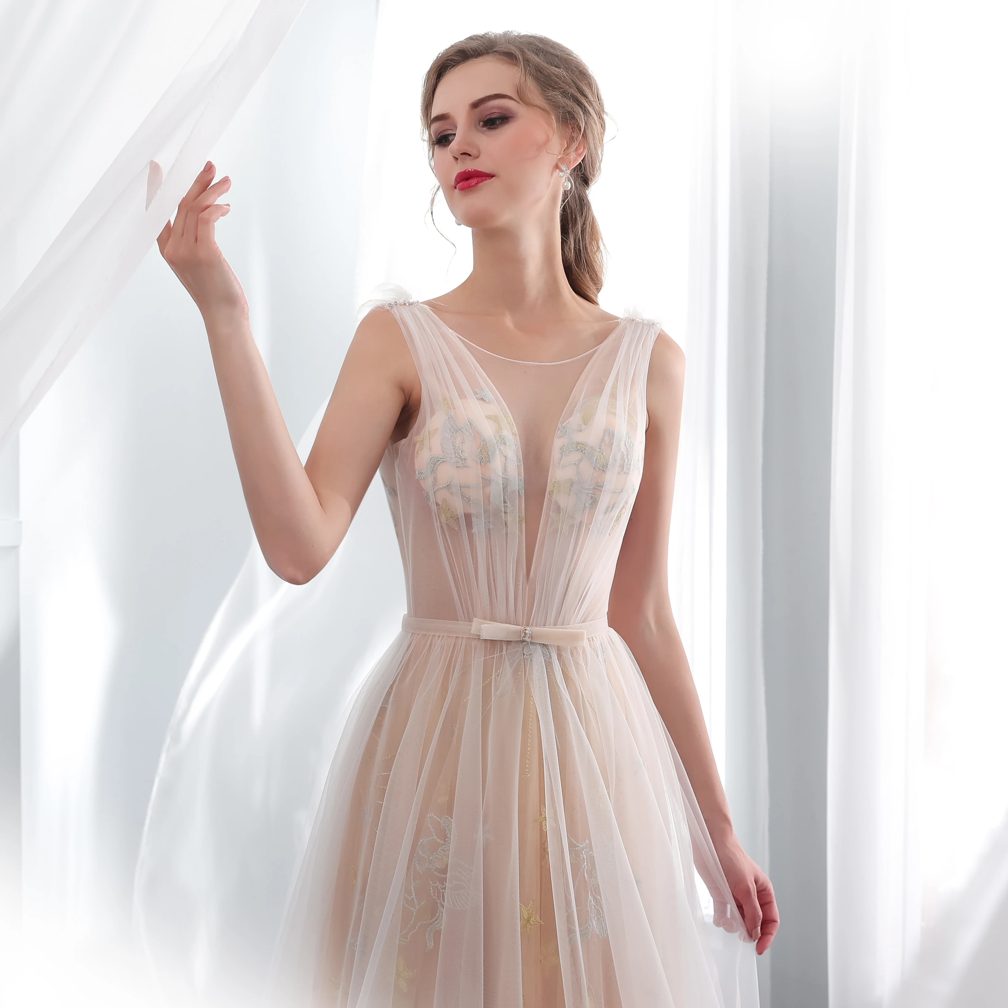 Vestidos de novia Bohemia con velo tul pliegue de Organza vestidos de novia Sexy para boda 2019 tren de barrido sin mangas porte nom mariage
