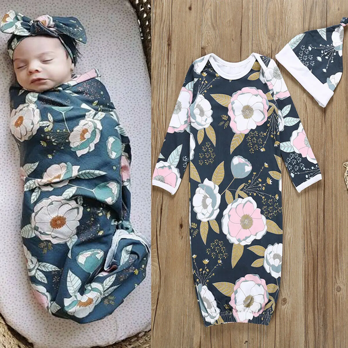 

Newborn Blanket Hat Baby Boy Girl Swaddle Cotton Floral Navy Blue Sleeping Bag Wrap Bedding Accessories