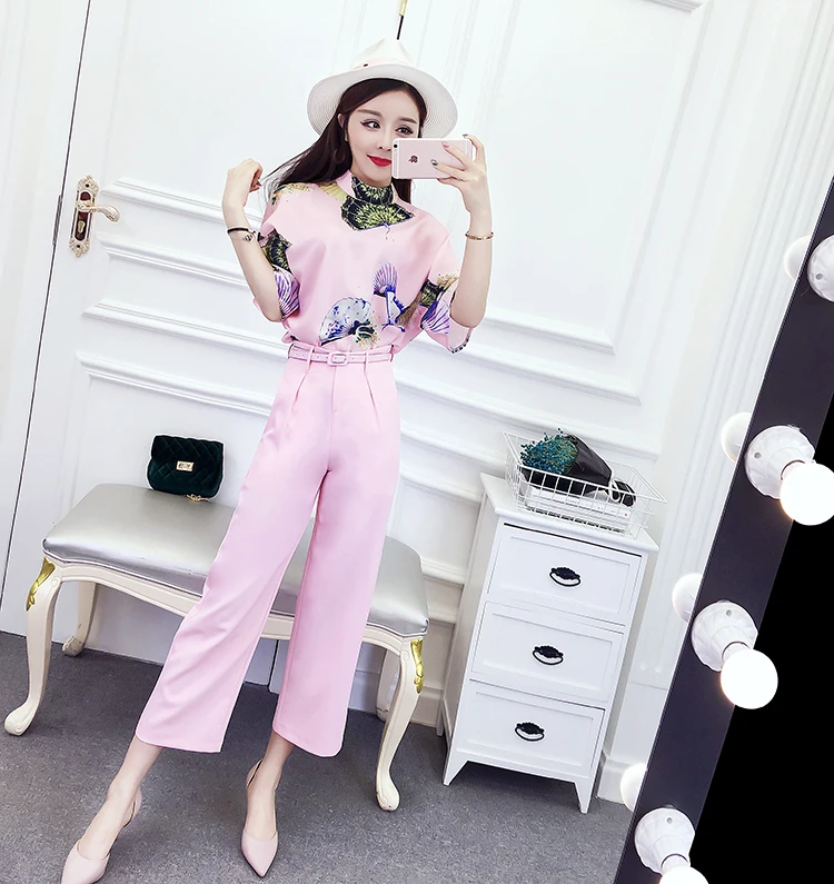 

new women's Korean fashion two-piece clothing set short sleeve blouse slacks wide-legged pants suit pink outfit vestidos suit