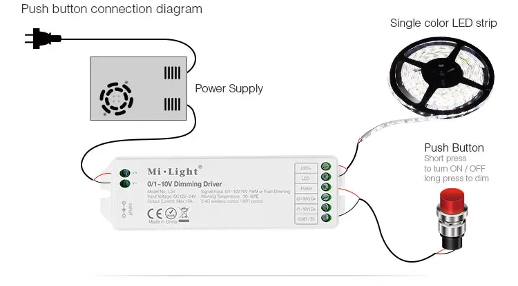 DC12V-24V Milight LS4 светодиодный контроллер 0/1~ 10 В ШИМ или нажимной диммирующий сигнал светодиодный диммирующий драйвер для 5050 3528 одноцветная Светодиодная лента