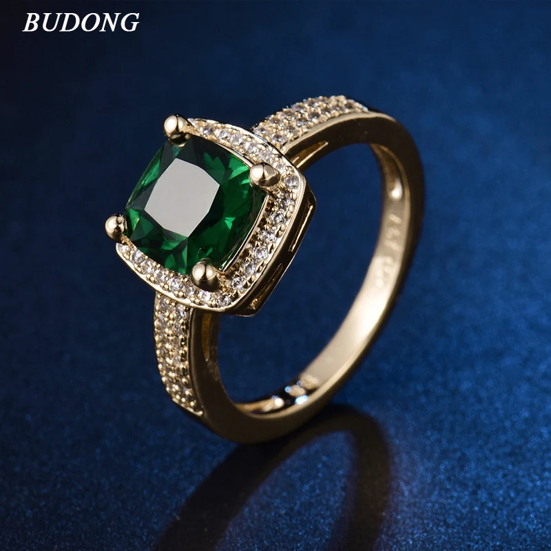 2017 BUDONG Chic Bling женское кольцо золотого цвета для женщин принцесса Зеленый Кристалл