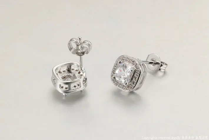 Женские серьги гвоздики серебристого цвета с квадратным фианитом|earrings barbell|earring