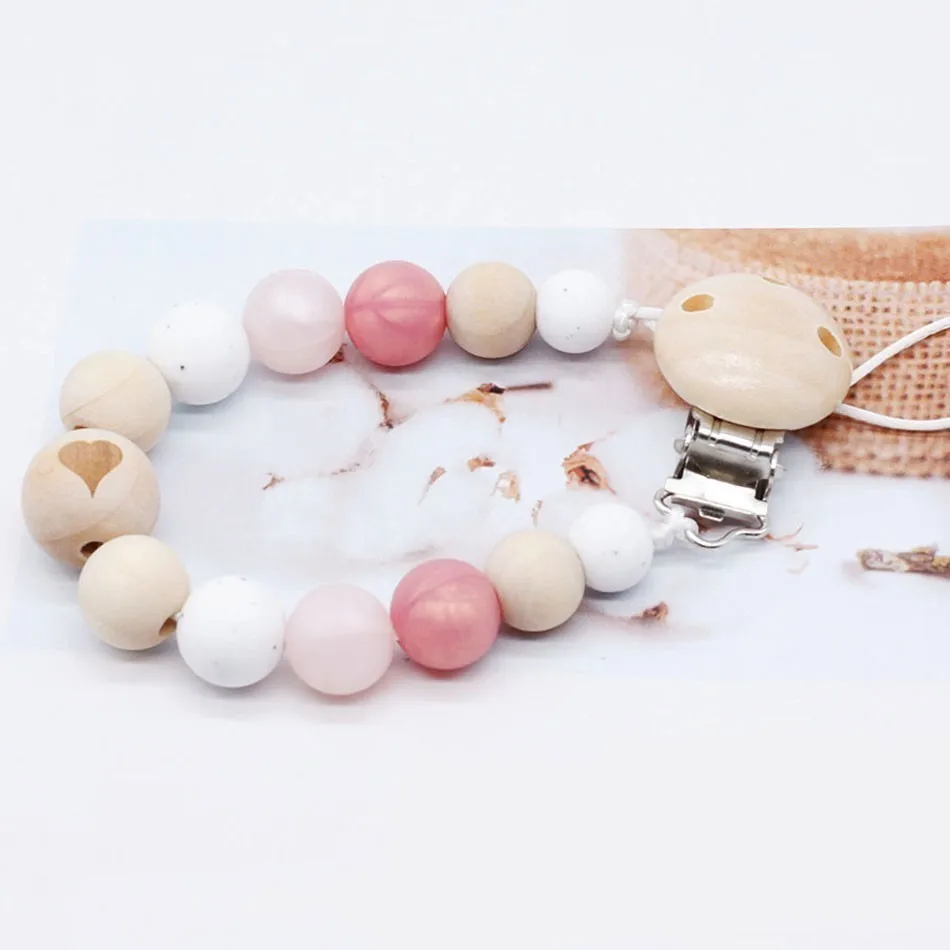 

Baby Silicone Pacifier Clip Chain Dummy Clip Binky Clip Gift Candy Teether Toy love wood Beads 7colour Fit Girl Boy Chewable toy