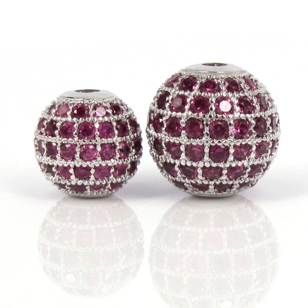 6mm 8mm 10mm 12mm Mixed Gold Silver Black Color &amp Micro Pave Fuchsia CZ Metal Round Bead For Bracelets Making Jewelry DIY Beads |